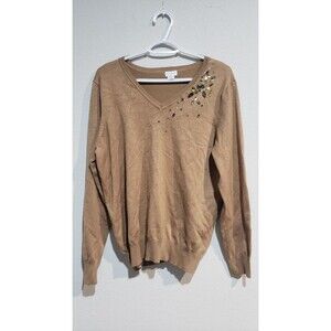 JACLYN SMITH SWEATER Women's XXL V NECK BEADED TAN